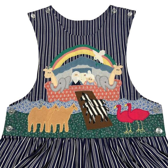 Handmade Artisan Applique Noah's Ark Jumper Dress Navy Pinstripe Est. Size L